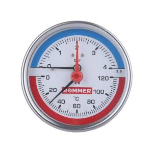 Термоманометр аксиальный ROMMER RIM-0005 - 1/2" (D80 мм, шкала 0-120°C/0-4 бар, с запорным клапаном)